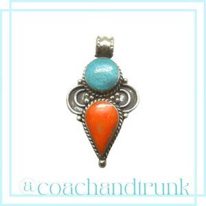Turquoise Coral Inlay Natural Artisan Handcrafted Ornate Metal Work Pendant Only